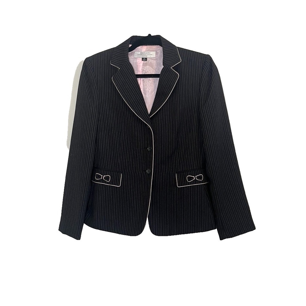 Neutral Pinstripe Blazer 6P Bow Classic Tailored Preppy Y2K Academia Retro Corp